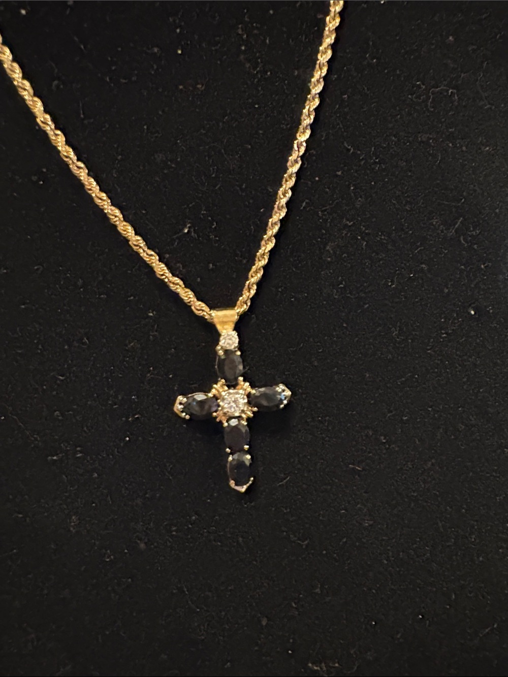 14K Gold Rope Chain, 10K Cross With Sapphires and Diamonds, RN, Virgin Mary and